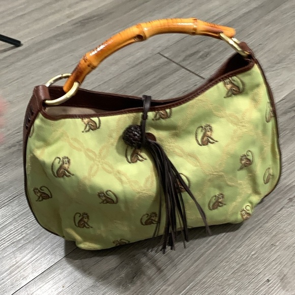 Tommy Bahama Tropical Money Print Canvas & Brown Leather Bamboo Handle Handbag - Picture 1 of 13